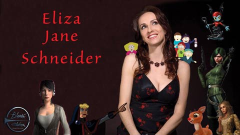 Banner of voice actor and dialect coach Eliza Jane Schneider with characters