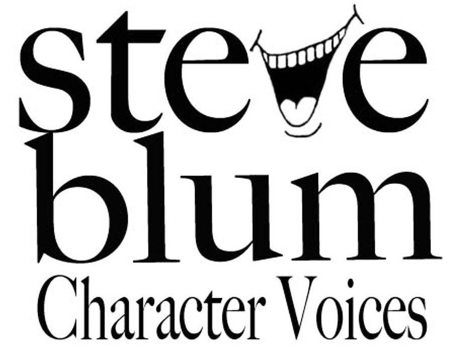 Text reading "Steve Blum Character Voices" with a cartoon mouth replacing the "V" of Steve