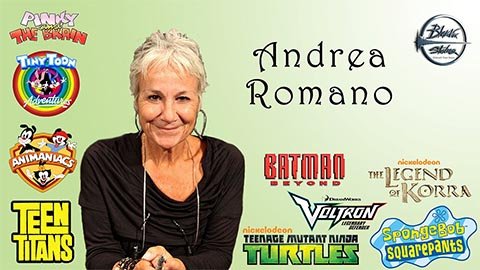 Banner of voice director Andrea Romano with show logos