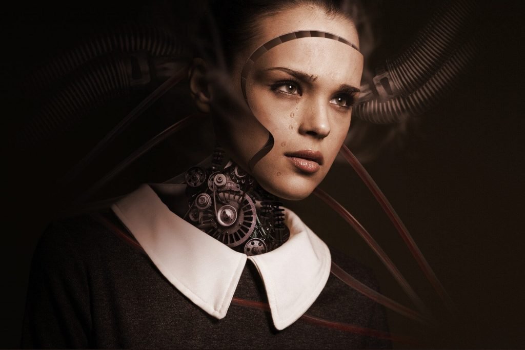 Reinvention- Woman Robot with face separating from head and gears revealed in neck