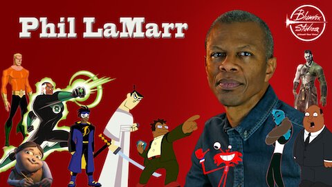 Banner image of voice actor Phil LaMarr with popular characters over red background