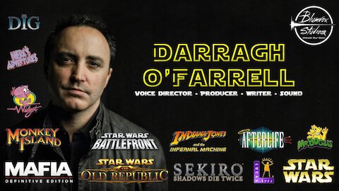 Banner image of voice director Darragh O'Farrell with popular show logos